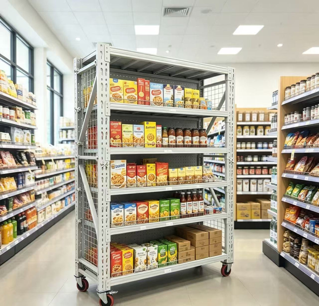4-Tier Rolling Supermarket Storage Rack | 200 lbs / 400 lbs / 600 lbs Load Options Meta Search Description