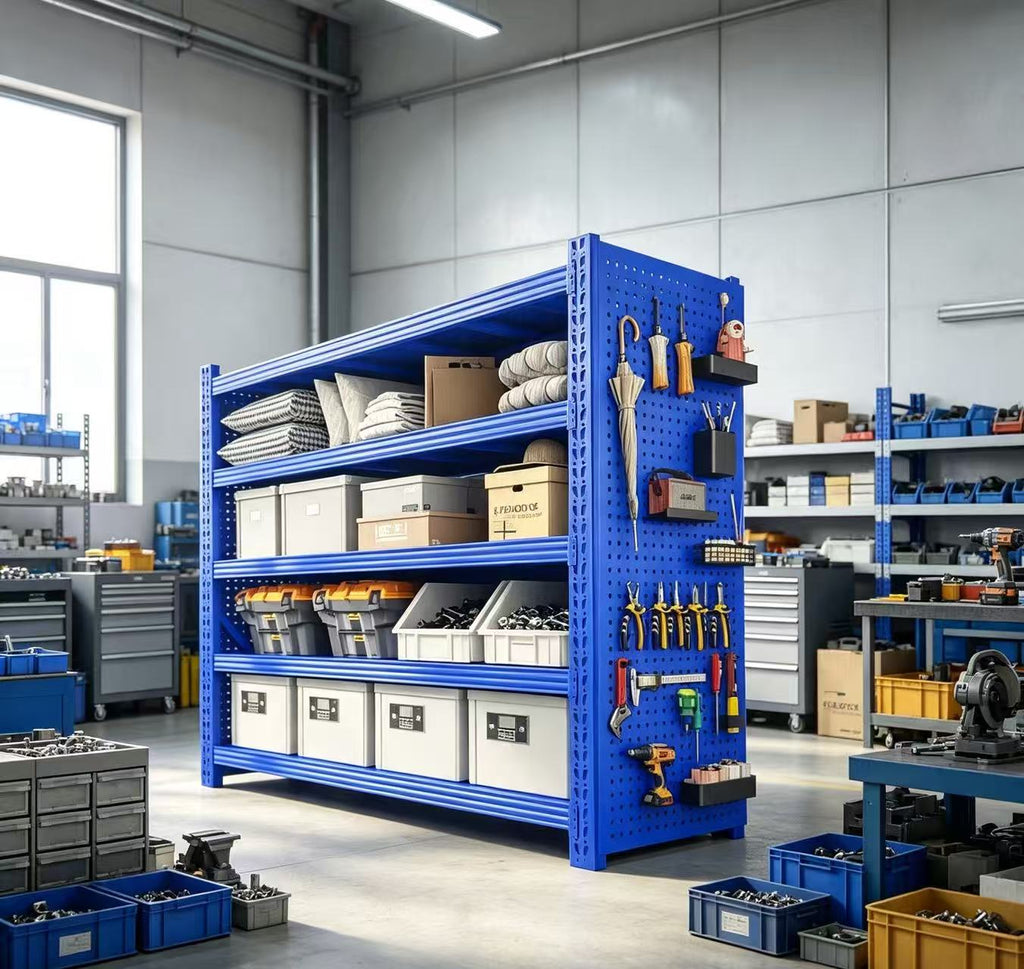 Blue 4-Tier Metal Storage Rack With Pegboard | Multi-Functional Workshop Tool Organizer Shelving