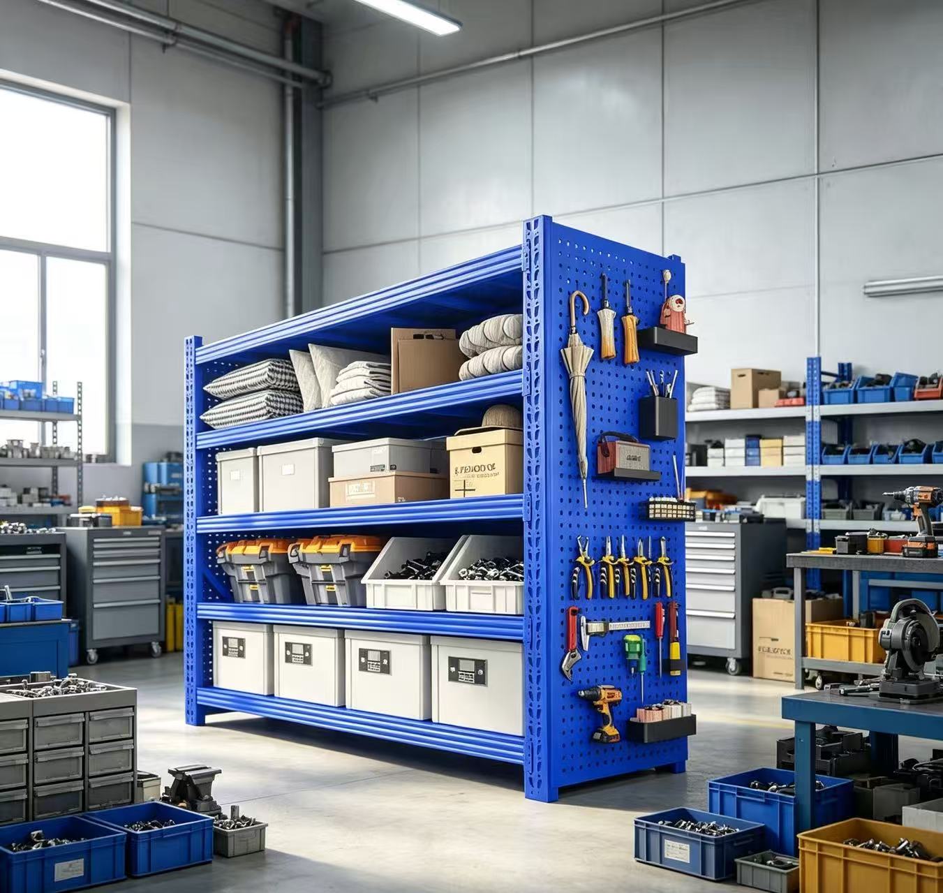 Blue 4-Tier Metal Storage Rack With Pegboard | Multi-Functional Workshop Tool Organizer Shelving