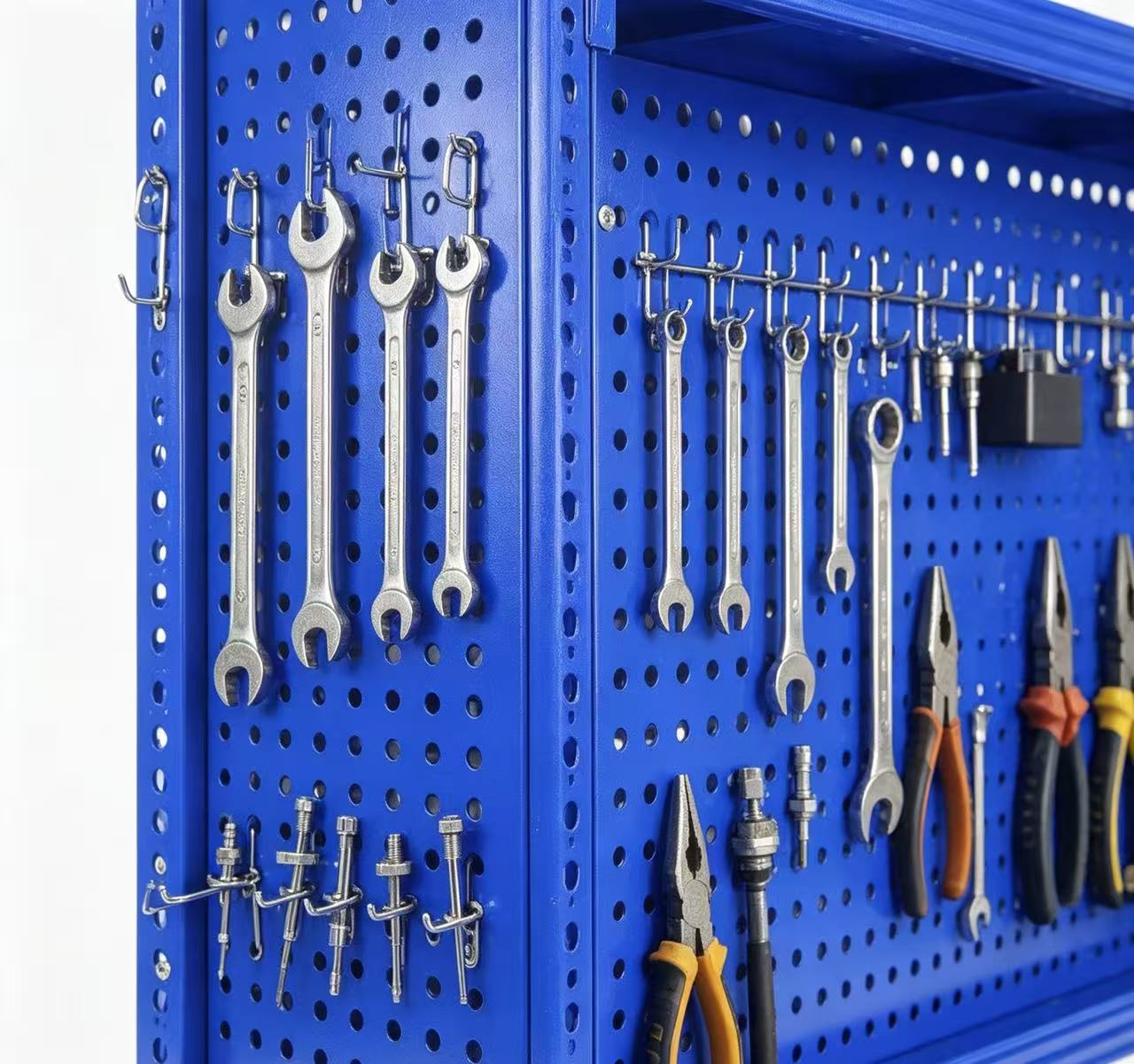 Blue 4-Tier Metal Storage Rack With Pegboard | Multi-Functional Workshop Tool Organizer Shelving
