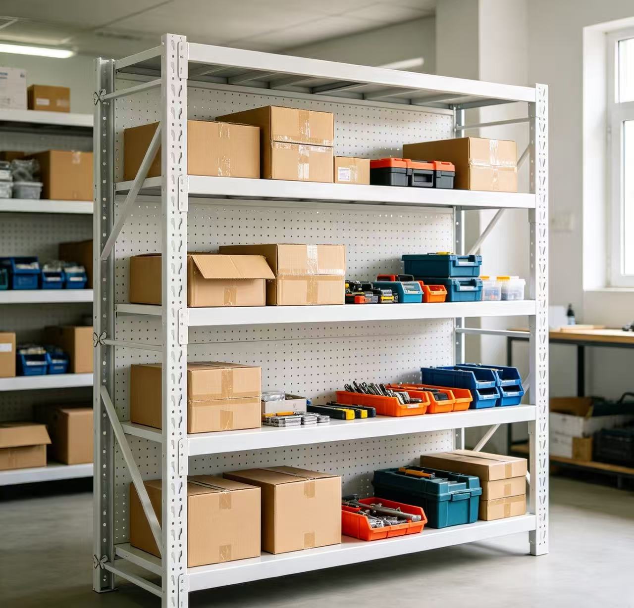 4-Tier White Slot Hole Storage Rack | Splicable Self-Assembly Metal Shelving